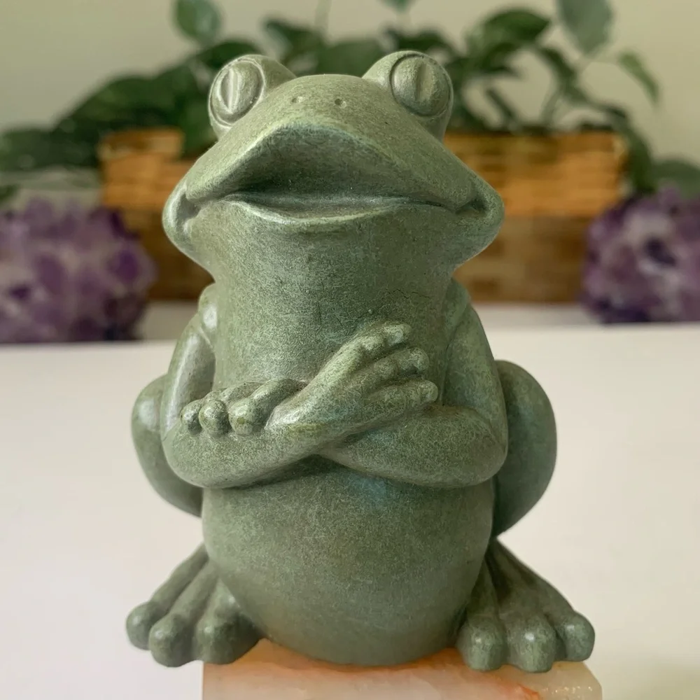 Green Frog Statue Cast Stone Garden Shelf Sitter Indoor Outdoor Figurine 3.5